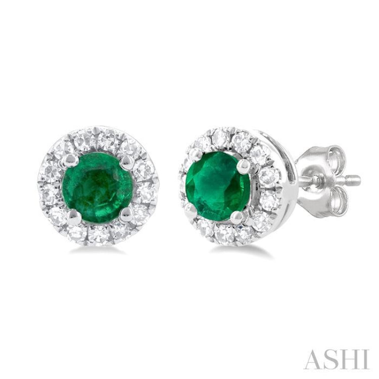3.25 MM Round Emerald and 1/10 Ctw Single Cut Diamond Halo Precious Stud Earrings in 14K White Gold