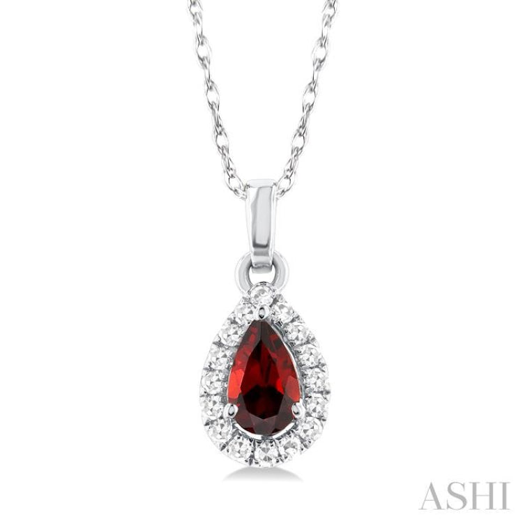 5x3 MM Pear Shape Garnet and 1/20 Ctw Single Cut Diamond Halo Semi-Precious Pendant with Chain in 10K White Gold