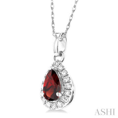 5x3 MM Pear Shape Garnet and 1/20 Ctw Single Cut Diamond Halo Semi-Precious Pendant with Chain in 10K White Gold