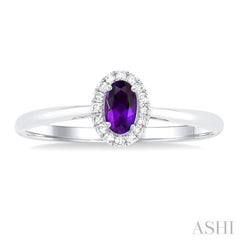 5x3 MM Oval Shape Amethyst and 1/20 Ctw Single Cut Diamond Halo Semi-Precious Ring in 14K White Gold