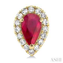 5x3 MM Pear Shape Ruby and 1/8 Ctw Single Cut Diamond Halo Precious Stud Earrings in 10K Yellow Gold