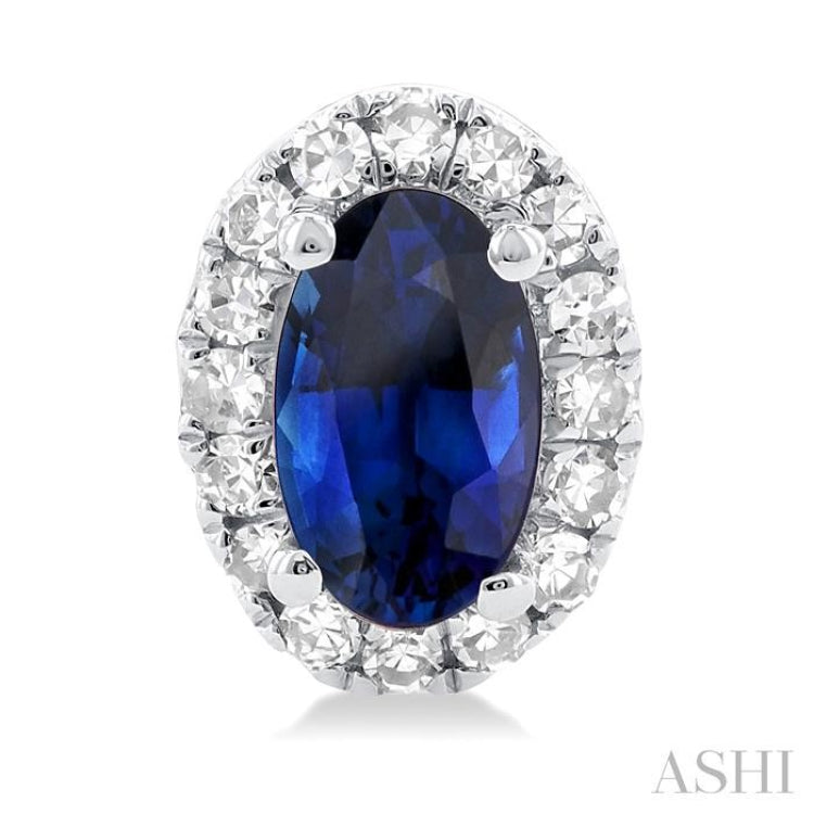 5x3 MM Oval Shape Sapphire and 1/8 Ctw Single Cut Diamond Halo Precious Stud Earrings in 14K White Gold