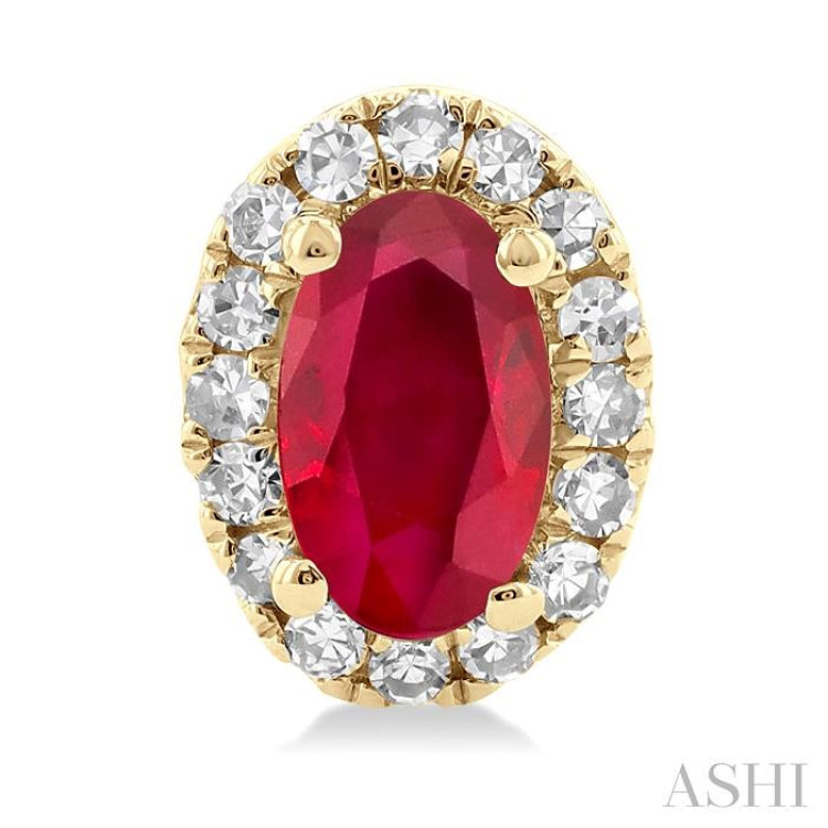 5x3 MM Oval Shape Ruby and 1/8 Ctw Single Cut Diamond Halo Precious Stud Earrings in 10K Yellow Gold