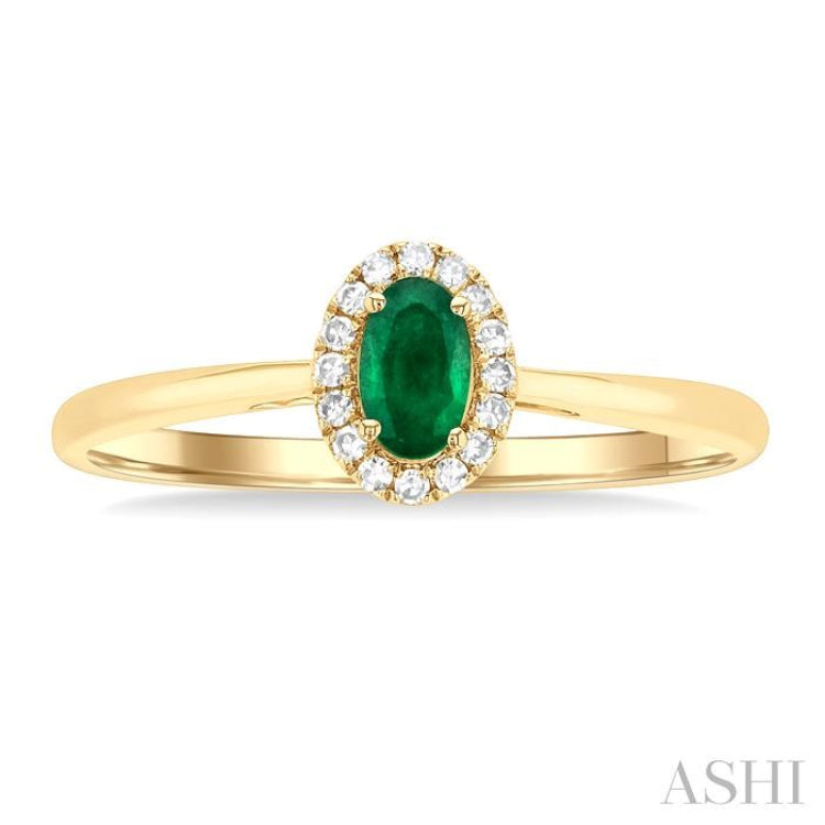 5x3 MM Oval Shape Emerald and 1/20 Ctw Round Cut Diamond Halo Precious Ring in 10K Yellow Gold