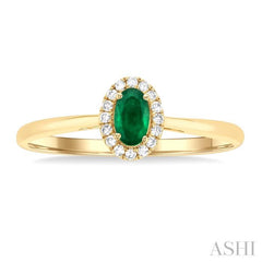 5x3 MM Oval Shape Emerald and 1/20 Ctw Round Cut Diamond Halo Precious Ring in 10K Yellow Gold