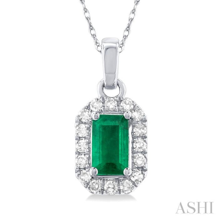5x3 MM Octagonal Shape Emerald and 1/20 Ctw Single Cut Diamond Halo Precious Pendant with Chain in 10K White Gold