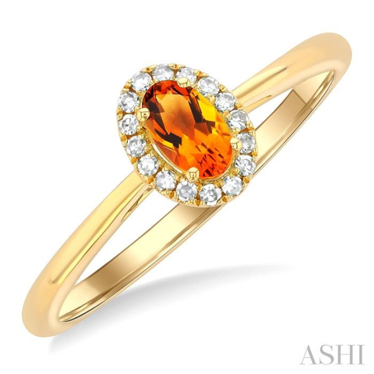 5x3 MM Oval Shape Citrine and 1/20 Ctw Single Cut Diamond Halo Semi-Precious Ring in 10K Yellow Gold