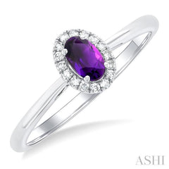 5x3 MM Oval Shape Amethyst and 1/20 Ctw Round Cut Diamond Halo Semi-Precious Ring in 10K White Gold