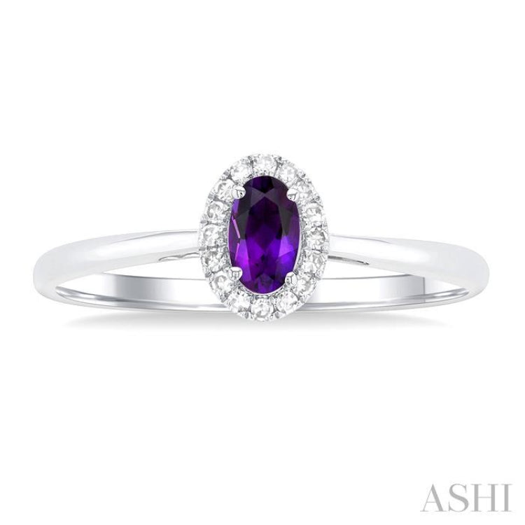 5x3 MM Oval Shape Amethyst and 1/20 Ctw Single Cut Diamond Halo Semi-Precious Ring in 10K White Gold