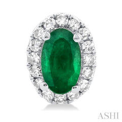 5x3 MM Oval Shape Emerald and 1/8 Ctw Single Cut Diamond Halo Precious Stud Earrings in 14K White Gold