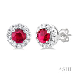 3.25 MM Round Ruby and 1/10 Ctw Single Cut Diamond Halo Precious Stud Earrings in 10K White Gold