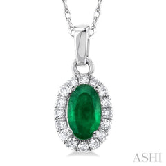 5x3 MM Oval Shape Emerald and 1/20 Ctw Single Cut Diamond Halo Precious Pendant with Chain in 14K White Gold