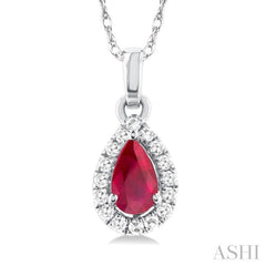 5x3 MM Pear Shape Ruby and 1/20 Ctw Single Cut Diamond Halo Precious Pendant with Chain in 10K White Gold