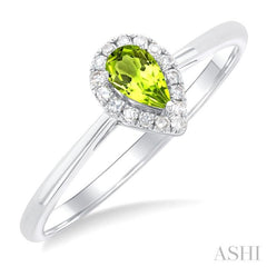 5x3 MM Pear Shape Peridot and 1/20 Ctw Single Cut Diamond Halo Semi-Precious Ring in 10K White Gold