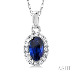 5x3 MM Oval Shape Sapphire and 1/20 Ctw Single Cut Diamond Halo Precious Pendant with Chain in 10K White Gold