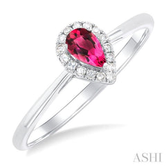 5x3 MM Pear Shape Pink Tourmaline and 1/20 Ctw Single Cut Diamond Halo Semi-Precious Ring in 10K White Gold