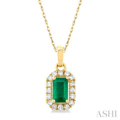 5x3 MM Octagonal Shape Emerald and 1/20 Ctw Single Cut Diamond Halo Precious Pendant with Chain in 14K Yellow Gold