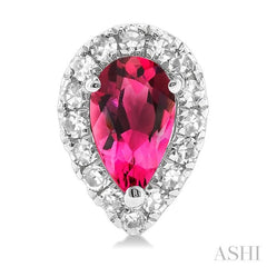 5x3 MM Pear Shape Pink Tourmaline and 1/8 Ctw Single Cut Diamond Halo Semi-Precious Stud Earrings in 10K White Gold