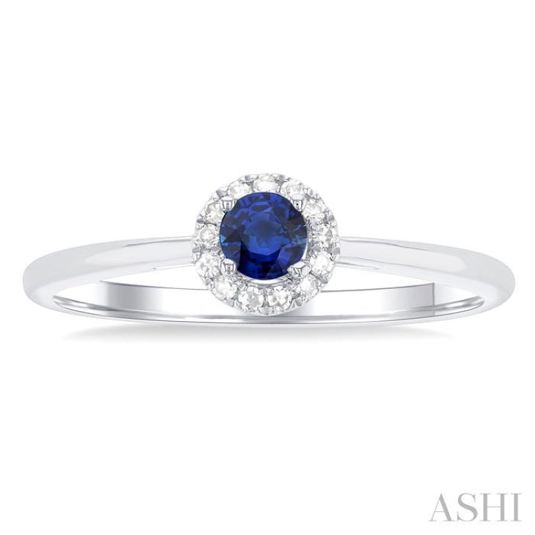 3.25 MM Round Sapphire and 1/20 Ctw Single Cut Diamond Halo Precious Ring in 10K White Gold