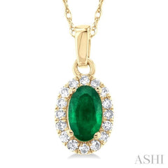 5x3 MM Oval Shape Emerald and 1/20 Ctw Single Cut Diamond Halo Precious Pendant with Chain in 10K Yellow Gold
