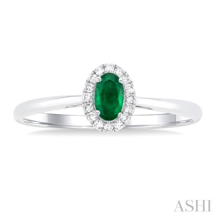 5x3 MM Oval Shape Emerald and 1/20 Ctw Round Cut Diamond Halo Precious Ring in 10K White Gold