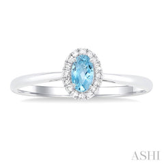 5x3 MM Oval Shape Aquamarine and 1/20 Ctw Single Cut Diamond Halo Semi-Precious Ring in 10K White Gold