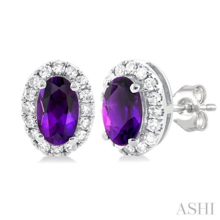 5x3 MM Oval Shape Amethyst and 1/8 Ctw Single Cut Diamond Halo Semi-Precious Stud Earrings in 10K White Gold