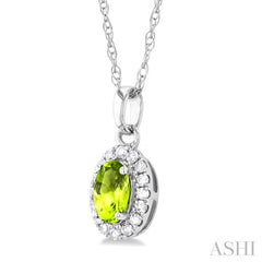 5x3 MM Oval Shape Peridot and 1/20 Ctw Single Cut Diamond Halo Semi-Precious Pendant with Chain in 14K White Gold