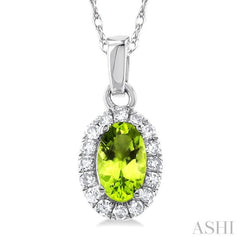 5x3 MM Oval Shape Peridot and 1/20 Ctw Single Cut Diamond Halo Semi-Precious Pendant with Chain in 14K White Gold