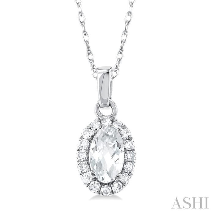 5x3 MM Oval Shape White Topaz and 1/20 Ctw Single Cut Diamond Halo Semi-Precious Pendant with Chain in 14K White Gold