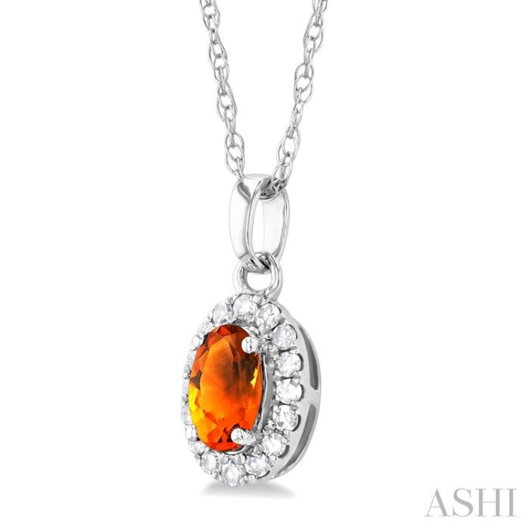 5x3 MM Oval Shape Citrine and 1/20 Ctw Round Cut Diamond Halo Semi-Precious Pendant with Chain in 10K White Gold