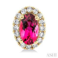 5x3 MM Oval Shape Pink Tourmaline and 1/8 Ctw Single Cut Diamond Halo Semi-Precious Stud Earrings in 10K Yellow Gold
