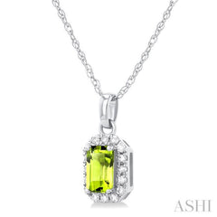 5x3 MM Octagonal Shape Peridot and 1/20 Ctw Single Cut Diamond Halo Semi-Precious Pendant with Chain in 10K White Gold