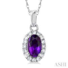 5x3 MM Oval Shape Amethyst and 1/20 Ctw Single Cut Diamond Halo Semi-Precious Pendant with Chain in 14K White Gold