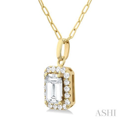 6x4 MM Octagonal Shape White Topaz and 1/6 Ctw Round Cut Diamond Halo Semi-Precious Pendant with Chain in 14K Yellow Gold