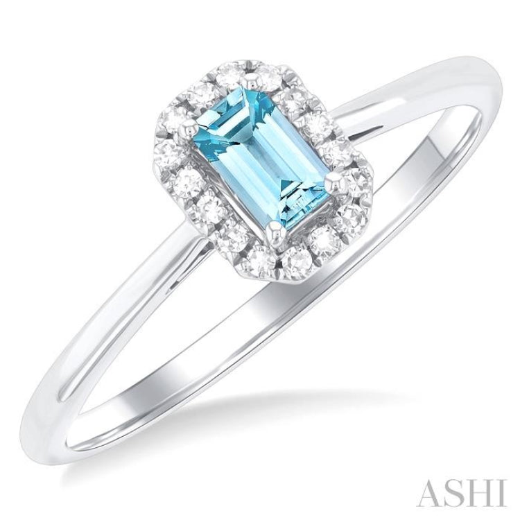 5x3 MM Octagonal Shape Aquamarine and 1/20 Ctw Single Cut Diamond Halo Semi-Precious Ring in 14K White Gold