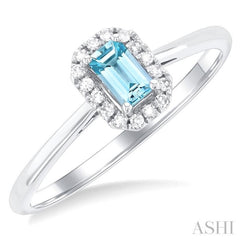 5x3 MM Octagonal Shape Aquamarine and 1/20 Ctw Single Cut Diamond Halo Semi-Precious Ring in 14K White Gold