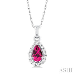 5x3 MM Pear Shape Pink Tourmaline and 1/20 Ctw Single Cut Diamond Halo Semi-Precious Pendant with Chain in 10K White Gold