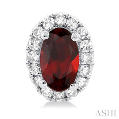 5x3 MM Oval Shape Garnet and 1/8 Ctw Single Cut Diamond Halo Semi-Precious Stud Earrings in 10K White Gold