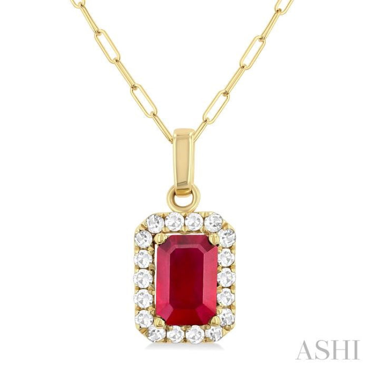 6x4 MM Octagonal Shape Ruby and 1/6 Ctw Round Cut Diamond Halo Precious Pendant with Chain in 10K Yellow Gold