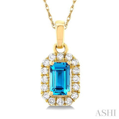 5x3 MM Octagonal Shape Blue Topaz and 1/20 Ctw Single Cut Diamond Halo Semi-Precious Pendant with Chain in 10K Yellow Gold