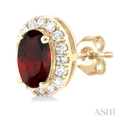 5x3 MM Oval Shape Garnet and 1/8 Ctw Single Cut Diamond Halo Semi-Precious Stud Earrings in 10K Yellow Gold