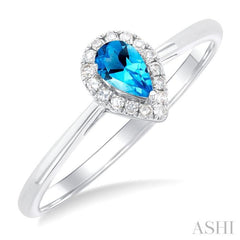 5x3 MM Pear Shape Blue Topaz and 1/20 Ctw Single Cut Diamond Halo Semi-Precious Ring in 14K White Gold