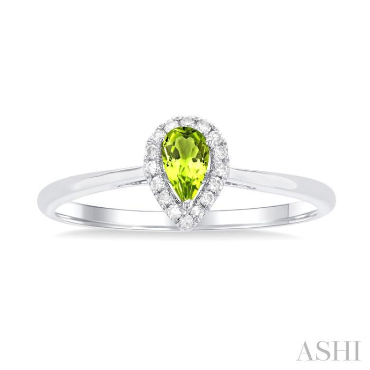 5x3 MM Pear Shape Peridot and 1/20 Ctw Single Cut Diamond Halo Semi-Precious Ring in 14K White Gold