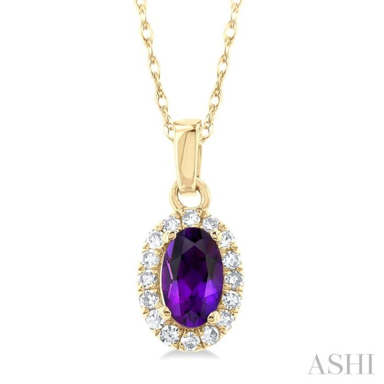 5x3 MM Oval Shape Amethyst and 1/20 Ctw Single Cut Diamond Halo Semi-Precious Pendant with Chain in 10K Yellow Gold