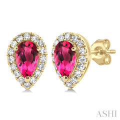 5x3 MM Pear Shape Pink Tourmaline and 1/8 Ctw Single Cut Diamond Halo Semi-Precious Stud Earrings in 10K Yellow Gold