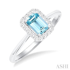 6x4 MM Octagonal Shape Aquamarine and 1/6 Ctw Round Cut Diamond Halo Semi-Precious Ring in 14K White Gold