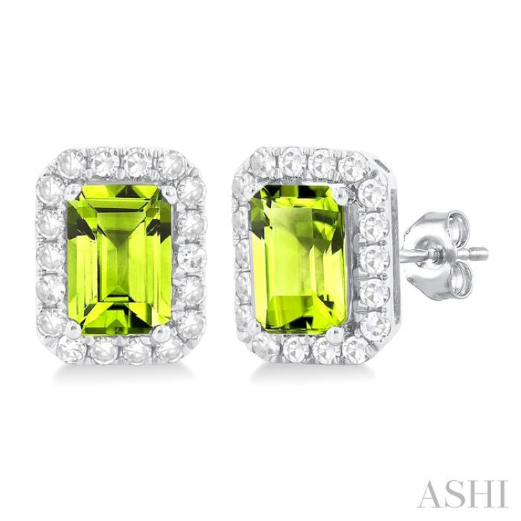 6x4 MM Octagonal Shape Peridot and 1/4 Ctw Round Cut Diamond Halo Semi-Precious Stud Earrings in 14K White Gold