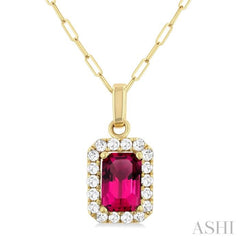 6x4 MM Octagonal Shape Pink Tourmaline and 1/6 Ctw Round Cut Diamond Halo Semi-Precious Pendant with Chain in 10K Yellow Gold