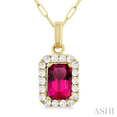 6x4 MM Octagonal Shape Pink Tourmaline and 1/6 Ctw Round Cut Diamond Halo Semi-Precious Pendant with Chain in 10K Yellow Gold